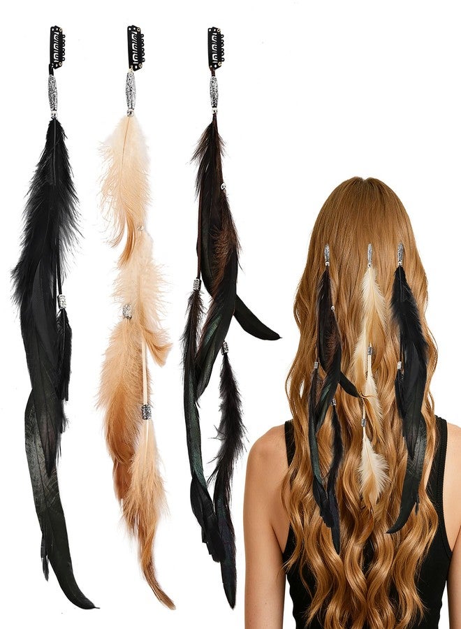 FeelfunFeather Feathers Hair Extensions for Women Boho Clip-in Hair Feather Accessories for Mardi Gras Performances Photo Shoots Carnival Party Headdress Accessory, Brown Black Dark Coffee(3 Pcs) - Image 1